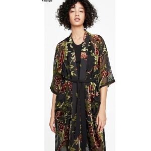 Zara Long Kimono Robe M Black Burnout Velvet Floral Sheer NWT